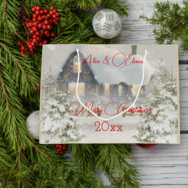 Sacola Para Presentes Grande Retro de neve da casa de inverno (Criador carregado)