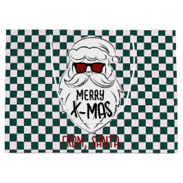Sacola Para Presentes Grande Retro Green Pink Checkered Santa Claus Christmas 