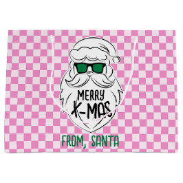 Sacola Para Presentes Grande Retro Groovy Pink Checkered Santa Claus Christmas