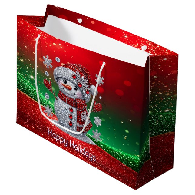 Sacola Para Presentes Grande Rhinestones Snowman Holiday Gift Bag (Frente inclinada)