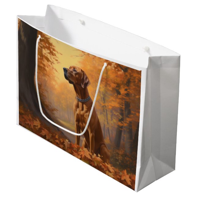 Sacola Para Presentes Grande Rhodesian Ridgeback  nas Folhas de Outono Caem Ins (Frente inclinada)