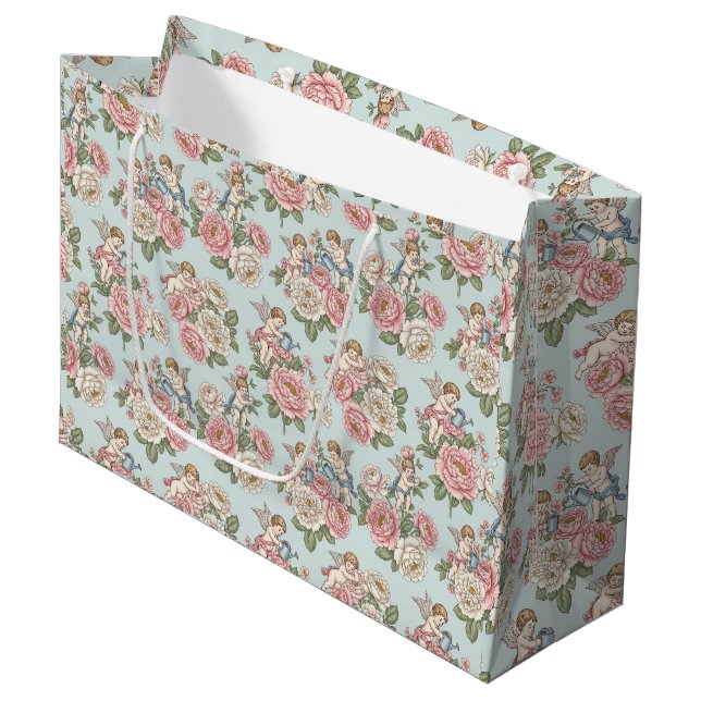 Sacola Para Presentes Grande Rococo Revival Cherub Floral Toile Wrapping Paper (Frente inclinada)