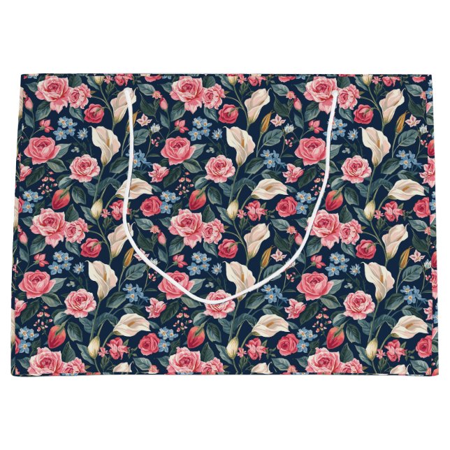 Sacola Para Presentes Grande Romantic Navy Blue Floral Garden Pattern (Frente)