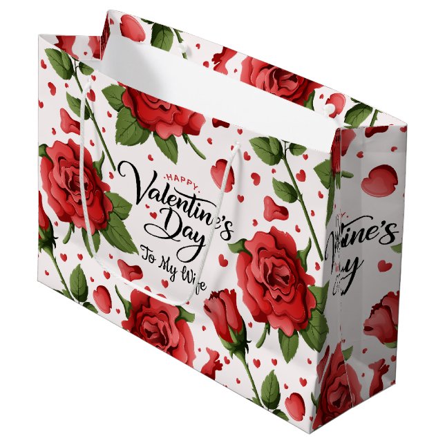 Sacola Para Presentes Grande Romantic Red Rose & Heart Pattern Frame Valentine (Frente inclinada)