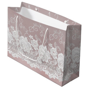 Sacola Para Presentes Grande Romântica Rosa Bege Rosa Branco Renda Floral Casam