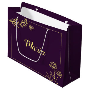 Sacola Para Presentes Grande Romântico elegante flor dourada casamento roxo