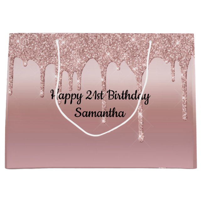 Sacola Para Presentes Grande Rosa Bege Rosa Dourado Gotejando Glitter Personali (Frente)