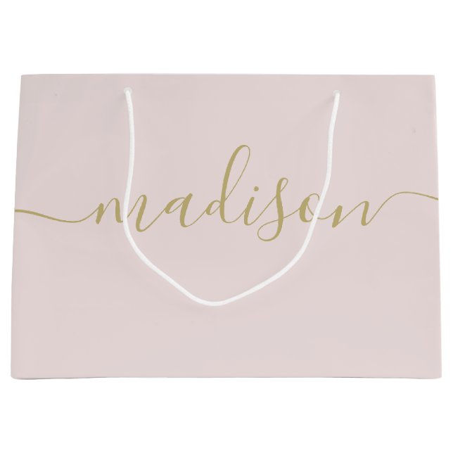 Sacola Para Presentes Grande Rosa Bege Script Feminino Chic Feminil Dourado Per (Frente)