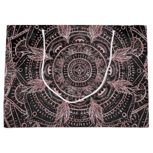 Sacola Para Presentes Grande Rosa Boho Cinza Dourada Mandala Design