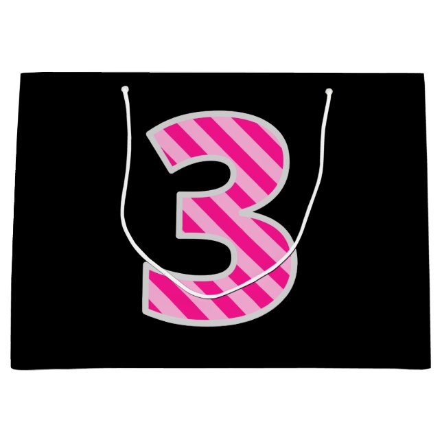 Sacola Para Presentes Grande Rosa Divertido - Riscado "3"; aniversário de 3 ano (Frente)