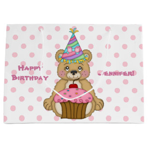 Sacola Para Presentes Grande Rosa do cupcake do urso de ursinho personalizado