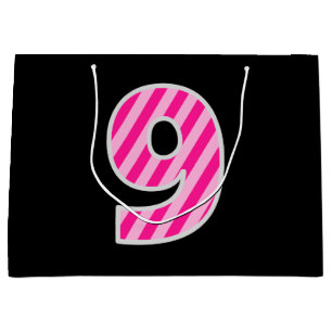 Sacola Para Presentes Grande Rosa do divertimento listrado "9"; 9o aniversário