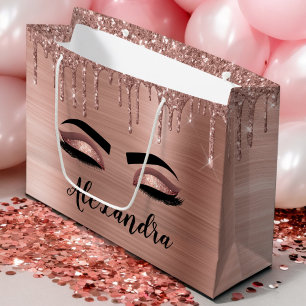 Sacola Para Presentes Grande Rosa Dourado Glitter Sparkle Eyelashes Nome do Mon