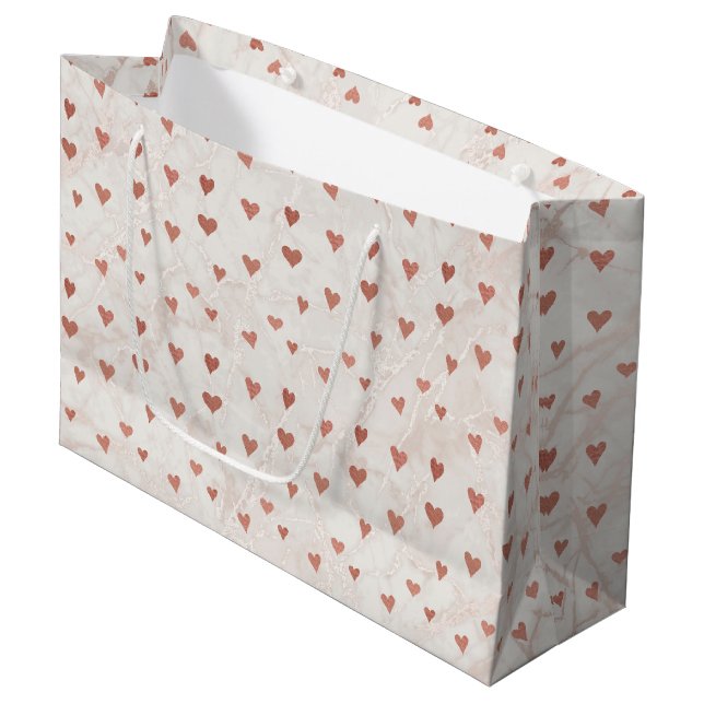 Sacola Para Presentes Grande Rosa Dourado Marble Hearts Gift Bag (Frente inclinada)
