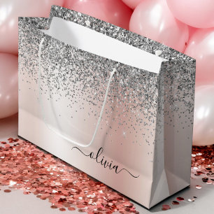 Sacola Para Presentes Grande Rosa Dourado - Rosa Bege Glitter Monograma Pratead