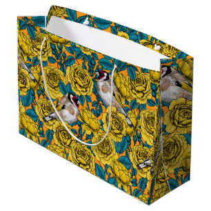 Sacola Para Presentes Grande Rosa, flores e aves-pintadas