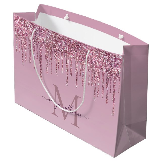 Sacola Para Presentes Grande Rosa Glitter Drives Monograma Personalizado E Nome (Verso inclinado)