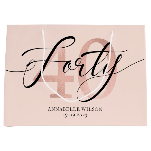 Sacola Para Presentes Grande Rosa Gold Foil aniversário de 40 anos grande Saco  (Frente)