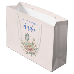 Sacola Para Presentes Grande Rosa Mágica e Borboleta Cores Pastel de Aniversári