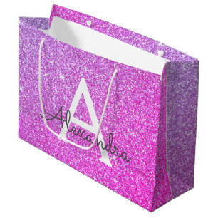 Sacola Para Presentes Grande Rosa - monograma roxo do brilho & da faísca