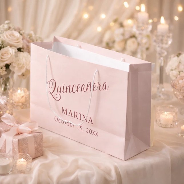 Sacola Para Presentes Grande Rosa ouro nome script Quinceanera (Criador carregado)