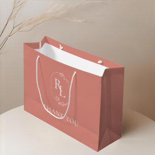 Sacola Para Presentes Grande Rosa Pêssego Floral Monograma Wedding Obrigado