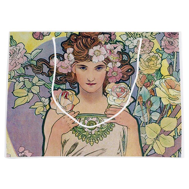 Sacola Para Presentes Grande Rosa (Quatro Flores), Alphonse Mucha (Frente)