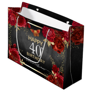 Sacola Para Presentes Grande Rosa vermelha aniversário de 40 anos Large Gift B