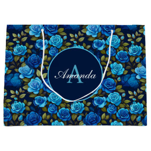 Sacola Para Presentes Grande Rosas Azuis Elegantes Padrão Floral Foto Monograma