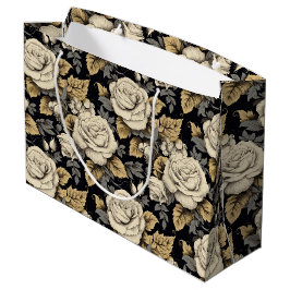 Sacola Para Presentes Grande Rosas Brancas E Douradas Folhas Padrão Floral