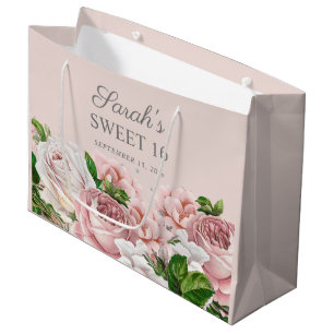 Sacola Para Presentes Grande Rosas Cor-de-Rosa Florais Brilho Prata Doce 16