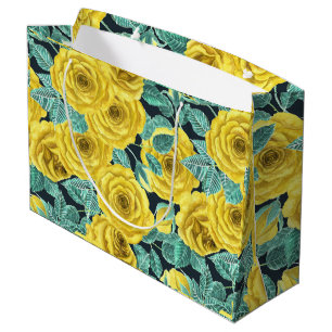 Sacola Para Presentes Grande Rosas de aquarela amarela com folhas e botões