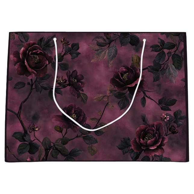 Sacola Para Presentes Grande Rosas elegantes. Fundo rosa profundo.  (Frente)