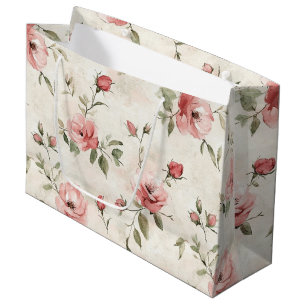 Sacola Para Presentes Grande Rosas Florais de Noiva com Rosa Bege Marfim