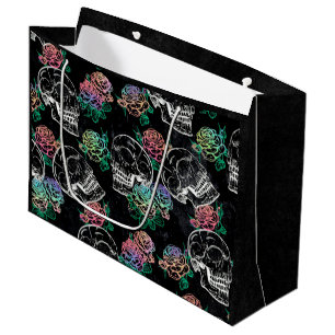 Sacola Para Presentes Grande Rosas roxas do crânio Dark Royal Grunge Glam
