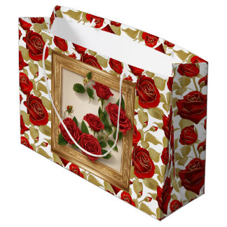 Sacola Para Presentes Grande Rosas Vermelhas E Douradas