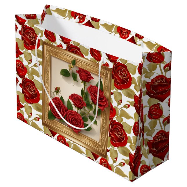 Sacola Para Presentes Grande Rosas Vermelhas E Douradas (Verso inclinado)