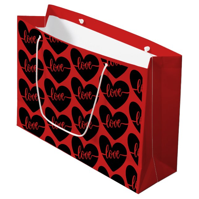 Sacola Para Presentes Grande Roteiro de Amor Corações Padrão Preto e Vermelho D (Frente inclinada)