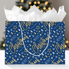 Sacola Para Presentes Grande Roteiro de Natal Nome Personalizado Azul Dourado F