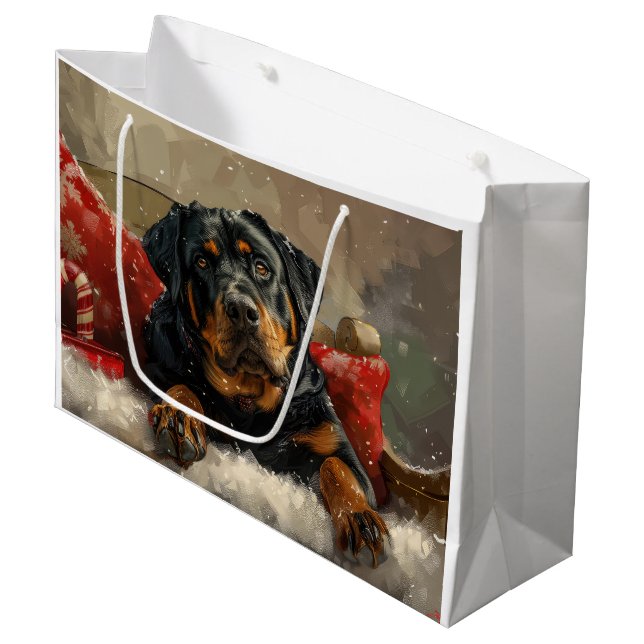 Sacola Para Presentes Grande Rottweiler Cachorro Natal Festivo (Frente inclinada)