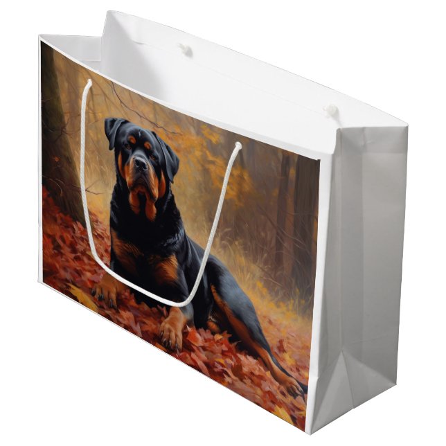 Sacola Para Presentes Grande Rottweiler nas Folhas de outono cai inspirador (Frente inclinada)