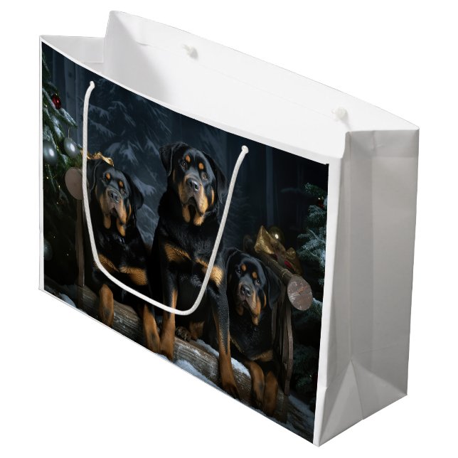 Sacola Para Presentes Grande Rottweiler Snowy Sleigh Decência de Natal (Frente inclinada)