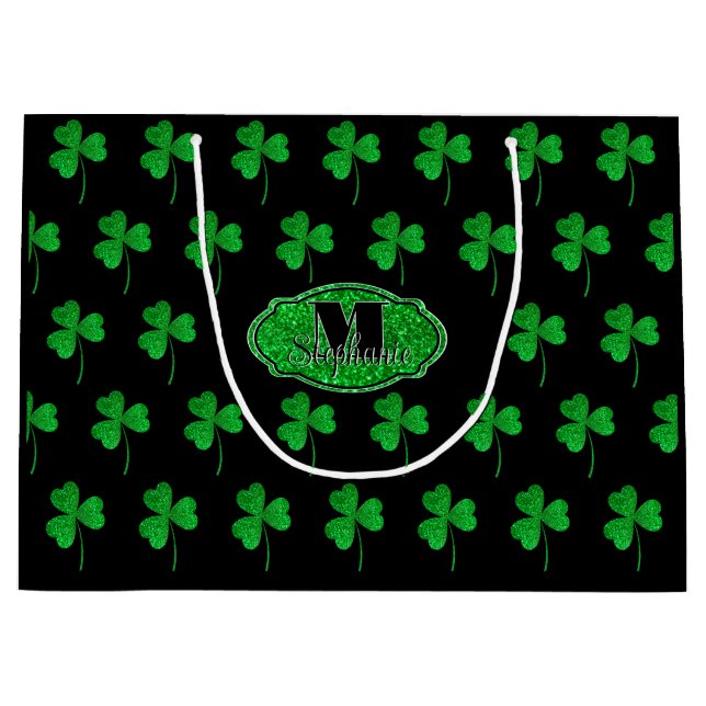 Sacola Para Presentes Grande Rua Com Monogramas De Shamrocks Verdes Estimulados (Frente)
