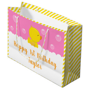 Sacola Para Presentes Grande Rubber Ducky Amarelo e Rosa Feliz Aniversário