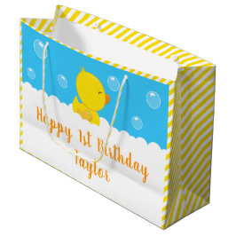 Sacola Para Presentes Grande Rubber Ducky Yellow e Blue Happy Birday