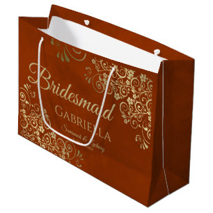 Sacola Para Presentes Grande Rust Orange e Dourada Lace Elegante Bridesmaid