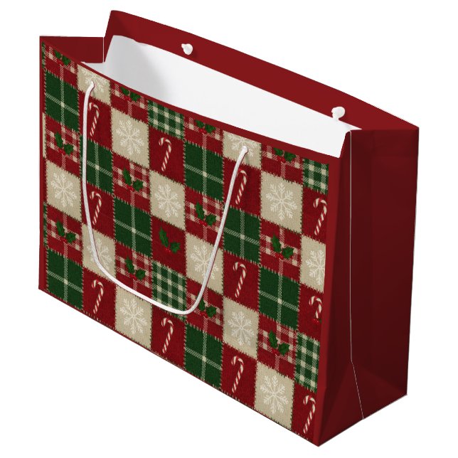 Sacola Para Presentes Grande Rustic Christmas Quilt Plaid (Frente inclinada)