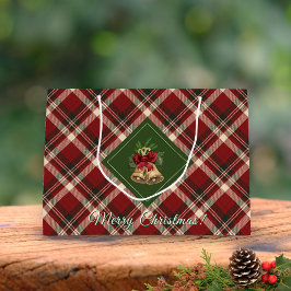 Sacola Para Presentes Grande Rustic Felry Christmas Bell Red Gingham