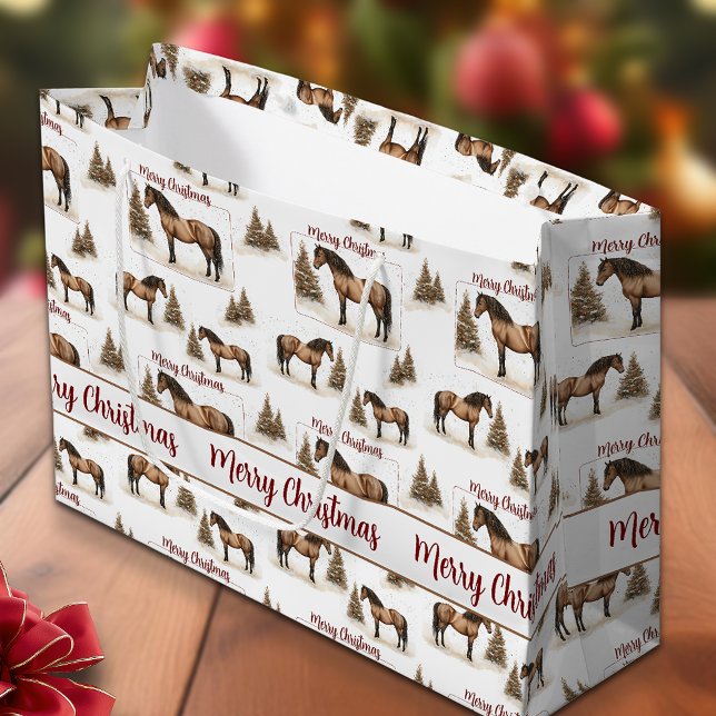 Sacola Para Presentes Grande Rustic Horse Felry Natal Feriado de inverno (Rustic Christmas gift bag with watercolor horses, snowy evergreen trees, and red Merry Christmas)