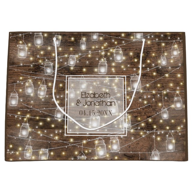 Sacola Para Presentes Grande Rustic Mason Jar String Luzes Românticas (Frente)
